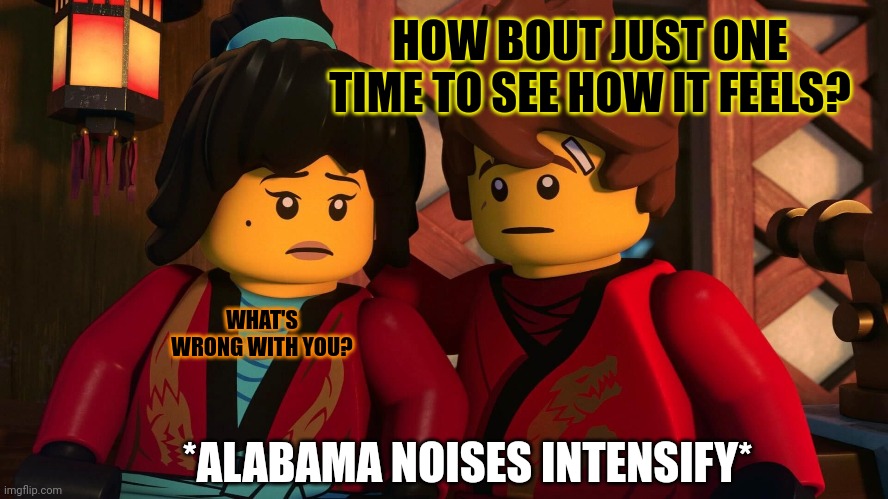 It's time stop | HOW BOUT JUST ONE TIME TO SEE HOW IT FEELS? *ALABAMA NOISES INTENSIFY* WHAT'S WRONG WITH YOU? | image tagged in its time to stop,lego,ninjago,sweet home alabama | made w/ Imgflip meme maker