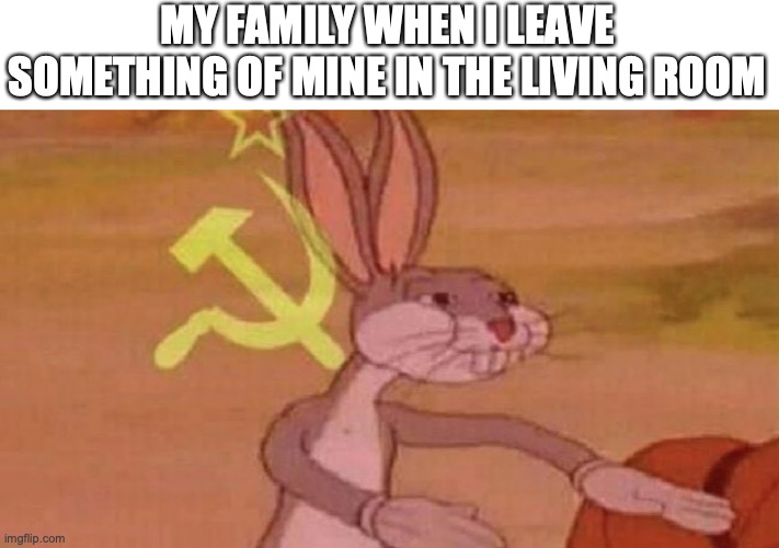 its now everyones! | MY FAMILY WHEN I LEAVE SOMETHING OF MINE IN THE LIVING ROOM | image tagged in our meme,fun,funny,family,meme,bugs bunny | made w/ Imgflip meme maker