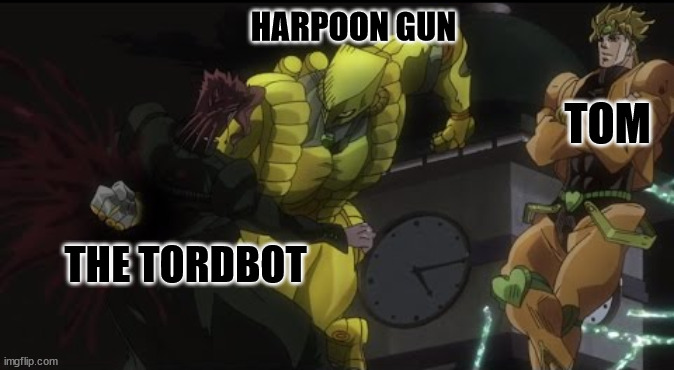 Just saying, one of the best mods ever | HARPOON GUN; TOM; THE TORDBOT | image tagged in kakyoin getting donutted,newgrounds,eddsworld,friday night funkin,challenge-edd | made w/ Imgflip meme maker