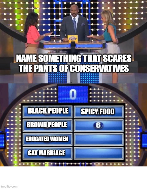 NAME SOMETHING THAT SCARES THE PANTS OF CONSERVATIVES; BLACK PEOPLE; SPICY FOOD; BROWN PEOPLE; EDUCATED WOMEN; GAY MARRIAGE | image tagged in family feud,the survey says | made w/ Imgflip meme maker