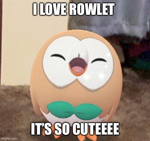 Cute lil owl boi | I LOVE ROWLET; IT’S SO CUTEEEE | image tagged in happy rowlet | made w/ Imgflip meme maker