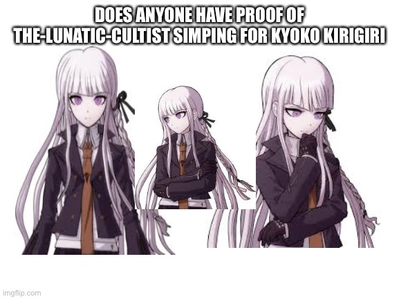 I just put a few random photos idk why | DOES ANYONE HAVE PROOF OF THE-LUNATIC-CULTIST SIMPING FOR KYOKO KIRIGIRI | image tagged in blank white template | made w/ Imgflip meme maker