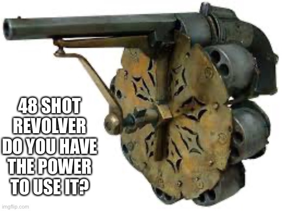 You went into a gun seller store you asked for the best gun he gave you this.. | 48 SHOT REVOLVER DO YOU HAVE THE POWER TO USE IT? | image tagged in 48 shot revolver | made w/ Imgflip meme maker