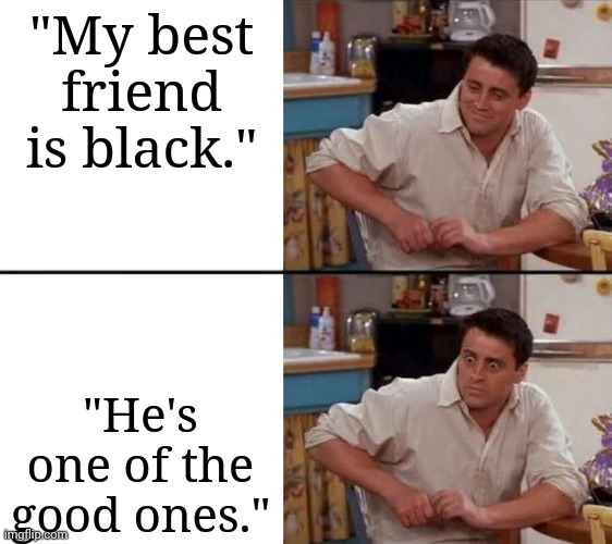 Surprised Joey | "My best friend is black."; "He's one of the good ones." | image tagged in surprised joey | made w/ Imgflip meme maker