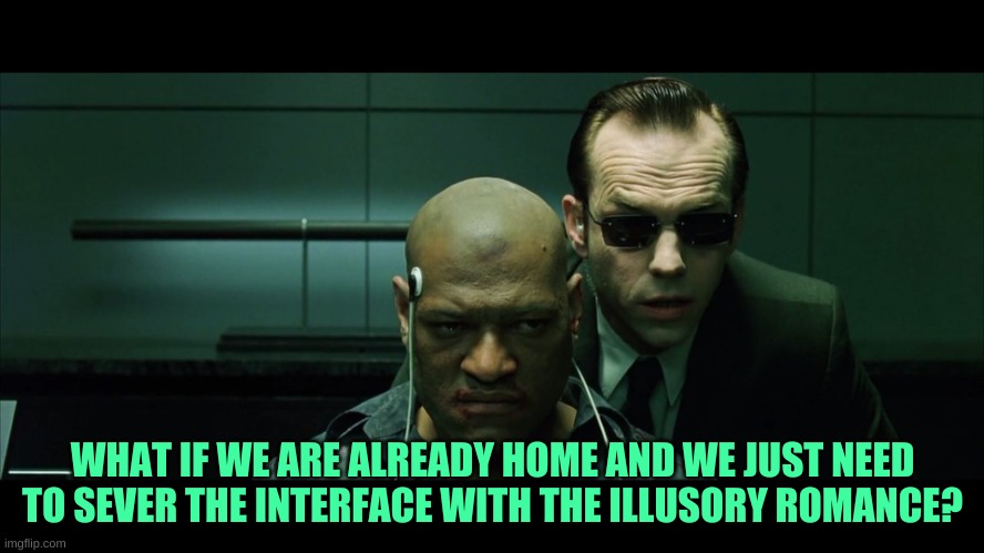 What if? | WHAT IF WE ARE ALREADY HOME AND WE JUST NEED TO SEVER THE INTERFACE WITH THE ILLUSORY ROMANCE? | image tagged in morpheus torture,the matrix,question,illusion,what if i told you | made w/ Imgflip meme maker