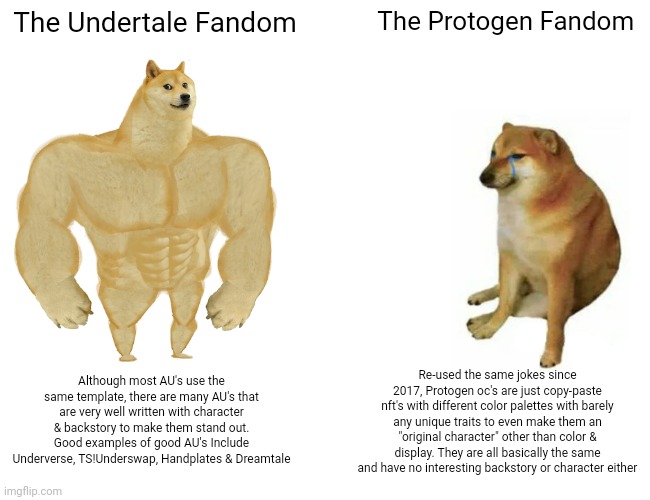 Prove me wrong if you dare | The Undertale Fandom; The Protogen Fandom; Although most AU's use the same template, there are many AU's that are very well written with character & backstory to make them stand out. Good examples of good AU's Include Underverse, TS!Underswap, Handplates & Dreamtale; Re-used the same jokes since 2017, Protogen oc's are just copy-paste nft's with different color palettes with barely any unique traits to even make them an "original character" other than color & display. They are all basically the same and have no interesting backstory or character either | image tagged in memes,buff doge vs cheems | made w/ Imgflip meme maker