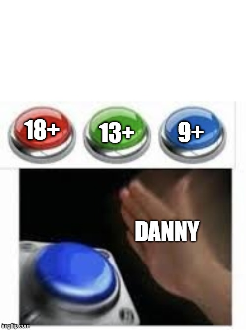 Blank Nut Button with 3 Buttons Above | 18+; 9+; 13+; DANNY | image tagged in blank nut button with 3 buttons above | made w/ Imgflip meme maker