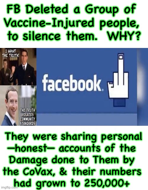 RELEASE ALL the INFO — WE’LL DECIDE WHAT TO BELIEVE | FB Deleted a Group of 
Vaccine-Injured people, 
to silence them.  WHY? They were sharing personal
—honest— accounts of the 
Damage done to Them by 
the CoVax, & their numbers 
had grown to 250,000+ | image tagged in memes,wtf is a fact checker,who are you to decide,under what standards criteria,leftist slant only,kiss my ass | made w/ Imgflip meme maker