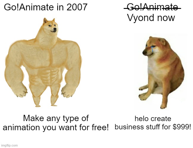 oh how times have changed | Go!Animate in 2007; ̶G̶o̶!̶A̶n̶i̶m̶a̶t̶e̶ Vyond now; Make any type of animation you want for free! helo create business stuff for $999! | image tagged in memes,buff doge vs cheems,goanimate,funny | made w/ Imgflip meme maker