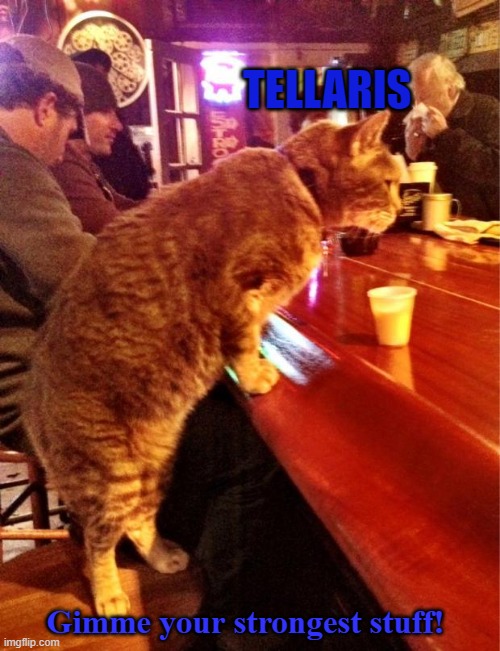 cat bar drinking | TELLARIS; Gimme your strongest stuff! | image tagged in cat bar drinking | made w/ Imgflip meme maker