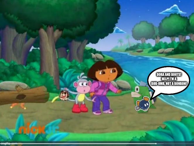 Dora & Boots Seeing Origami Spike Holding Bobby | DORA AND BOOTS! HELP! I'M A BOB-OMB, NOT A BONBON! | image tagged in dora boots in danger,dora the explorer,paper mario the origami king,bobby | made w/ Imgflip meme maker
