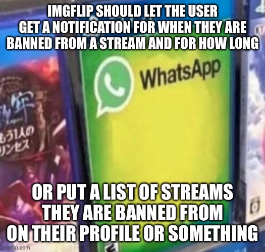 IMGFLIP SHOULD LET THE USER GET A NOTIFICATION FOR WHEN THEY ARE BANNED FROM A STREAM AND FOR HOW LONG; OR PUT A LIST OF STREAMS THEY ARE BANNED FROM ON THEIR PROFILE OR SOMETHING | made w/ Imgflip meme maker