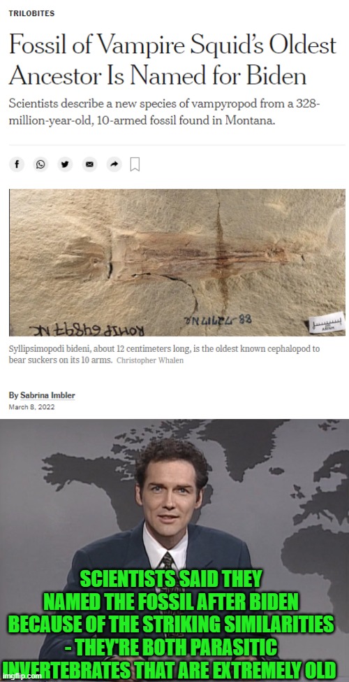 Yes, this really happened | SCIENTISTS SAID THEY NAMED THE FOSSIL AFTER BIDEN BECAUSE OF THE STRIKING SIMILARITIES - THEY'RE BOTH PARASITIC INVERTEBRATES THAT ARE EXTREMELY OLD | image tagged in norm mcdonald,joe biden,parasit,invertebrate | made w/ Imgflip meme maker