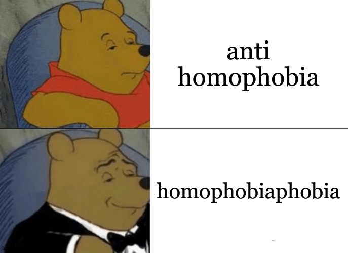 Mods please dont ruin the title. | anti homophobia; homophobiaphobia | image tagged in memes,tuxedo winnie the pooh | made w/ Imgflip meme maker