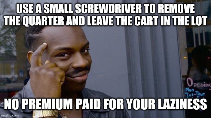 Roll Safe Think About It Meme | USE A SMALL SCREWDRIVER TO REMOVE THE QUARTER AND LEAVE THE CART IN THE LOT NO PREMIUM PAID FOR YOUR LAZINESS | image tagged in memes,roll safe think about it | made w/ Imgflip meme maker