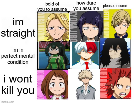 meme | bold of you to assume; how dare you assume; please assume; im straight; im in perfect mental condition; i wont kill you | image tagged in gay alignment chart,anime,my hero academia | made w/ Imgflip meme maker