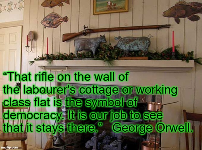 Symbol of Democracy | “That rifle on the wall of the labourer's cottage or working class flat is the symbol of democracy. It is our job to see that it stays there.”   George Orwell. | image tagged in second amendment,george orwell,democracy,guns | made w/ Imgflip meme maker