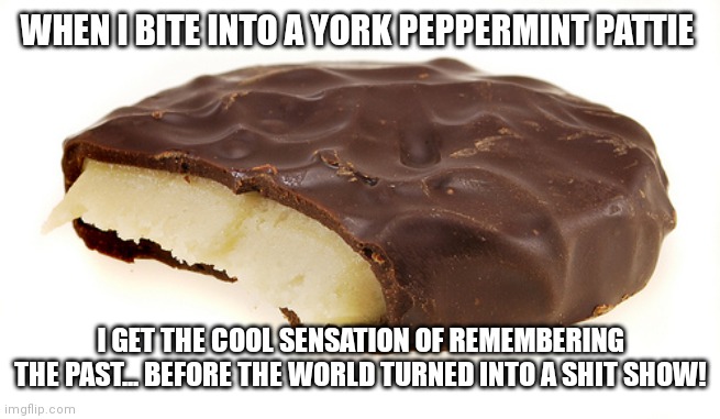 Peppermint Patty | WHEN I BITE INTO A YORK PEPPERMINT PATTIE; I GET THE COOL SENSATION OF REMEMBERING THE PAST... BEFORE THE WORLD TURNED INTO A SHIT SHOW! | image tagged in peppermint patty | made w/ Imgflip meme maker