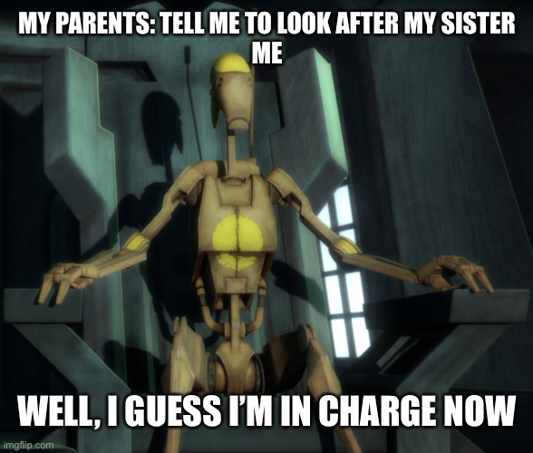 Well I guess I'm in charge now | MY PARENTS: TELL ME TO LOOK AFTER MY SISTER
ME; WELL, I GUESS I’M IN CHARGE NOW | image tagged in well i guess i'm in charge now | made w/ Imgflip meme maker