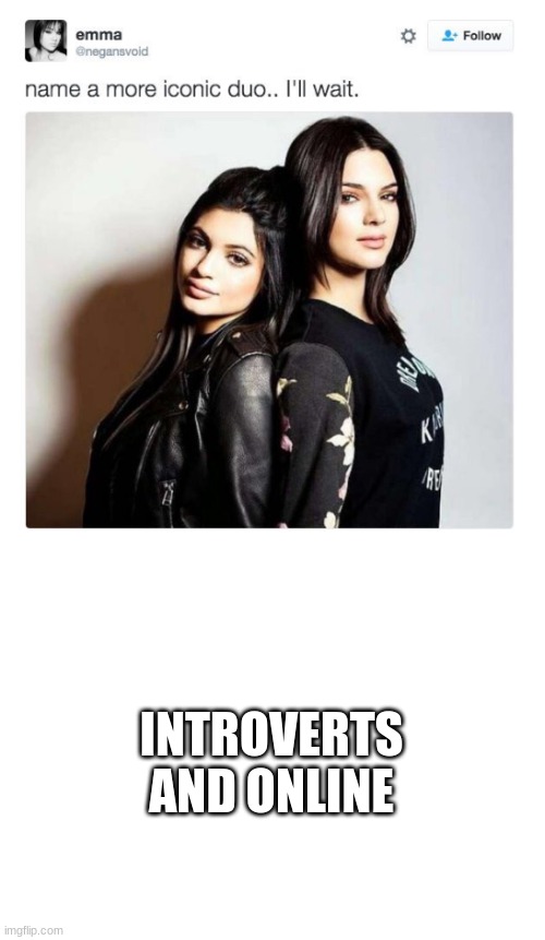 Name a more iconic duo | INTROVERTS AND ONLINE | image tagged in name a more iconic duo | made w/ Imgflip meme maker