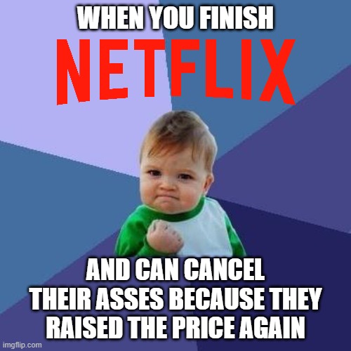 Exactly how tho? | WHEN YOU FINISH; AND CAN CANCEL THEIR ASSES BECAUSE THEY RAISED THE PRICE AGAIN | image tagged in victory kid,memes,netflix,price,cancel,finish | made w/ Imgflip meme maker