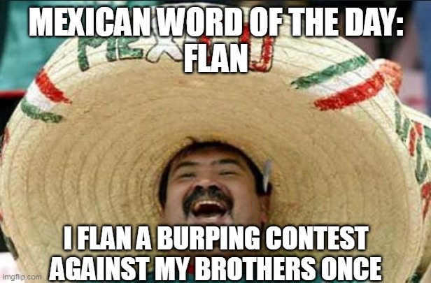mexican word of the day | MEXICAN WORD OF THE DAY:
FLAN; I FLAN A BURPING CONTEST AGAINST MY BROTHERS ONCE | image tagged in mexican word of the day,meme,memes | made w/ Imgflip meme maker