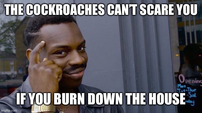 Roll Safe Think About It | THE COCKROACHES CAN’T SCARE YOU; IF YOU BURN DOWN THE HOUSE | image tagged in memes,roll safe think about it | made w/ Imgflip meme maker