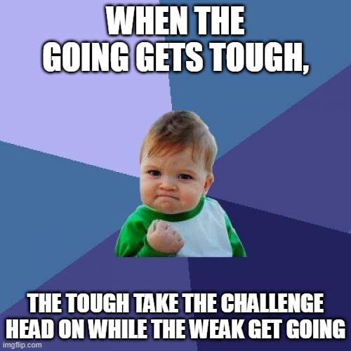 Success Kid | WHEN THE GOING GETS TOUGH, THE TOUGH TAKE THE CHALLENGE HEAD ON WHILE THE WEAK GET GOING | image tagged in memes,success kid | made w/ Imgflip meme maker