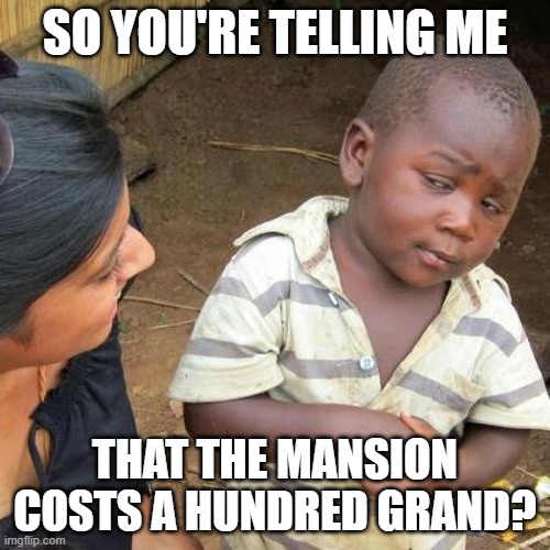 Mansion | SO YOU'RE TELLING ME; THAT THE MANSION COSTS A HUNDRED GRAND? | image tagged in memes,third world skeptical kid | made w/ Imgflip meme maker