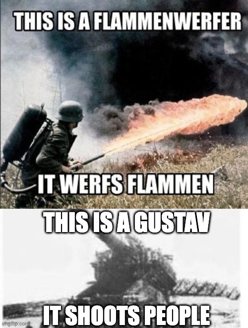 THIS IS A GUSTAV; IT SHOOTS PEOPLE | image tagged in this is a flammenwerfer,forget the zammenwerfer get the gustav,funny,memes,very funny,true | made w/ Imgflip meme maker