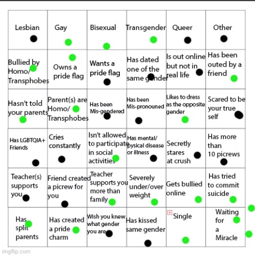 green= not true black= true | image tagged in lgbtqia bingo | made w/ Imgflip meme maker