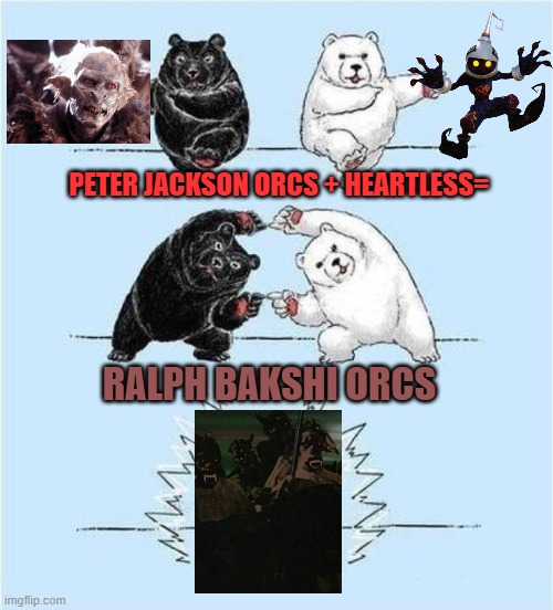 Keyblade names: Peejak, Orcrist, the Goblin Cleaver! | PETER JACKSON ORCS + HEARTLESS=; RALPH BAKSHI ORCS | image tagged in panda fusion,lord of the rings,goblin,kingdom hearts,heartless | made w/ Imgflip meme maker