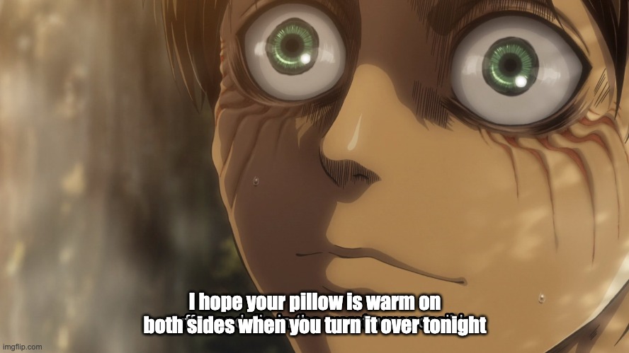 Eren curse Reiner | I hope your pillow is warm on both sides when you turn it over tonight | image tagged in attack on titan | made w/ Imgflip meme maker