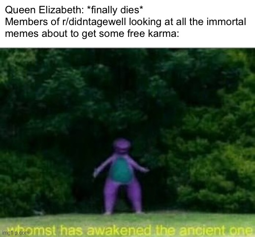 Lots and lots of free karma | Queen Elizabeth: *finally dies*

Members of r/didntagewell looking at all the immortal memes about to get some free karma: | image tagged in whomst has awakened the ancient one | made w/ Imgflip meme maker