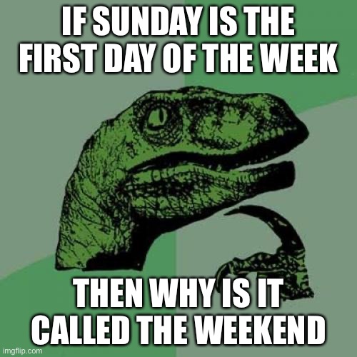 Philosoraptor | IF SUNDAY IS THE FIRST DAY OF THE WEEK; THEN WHY IS IT CALLED THE WEEKEND | image tagged in memes,philosoraptor | made w/ Imgflip meme maker