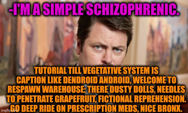 -We all here. | -I'M A SIMPLE SCHIZOPHRENIC. TUTORIAL TILL VEGETATIVE SYSTEM IS CAPTION LIKE DENDROID ANDROID, WELCOME TO RESPAWN WAREHOUSE: THERE DUSTY DOLLS, NEEDLES TO PENETRATE GRAPEFRUIT, FICTIONAL REPREHENSION. GO DEEP RIDE ON PRESCRIPTION MEDS, NICE BRONX. | image tagged in i'm a simple man,ron swanson,schizophrenia,mental health,funny texts,prescription | made w/ Imgflip meme maker