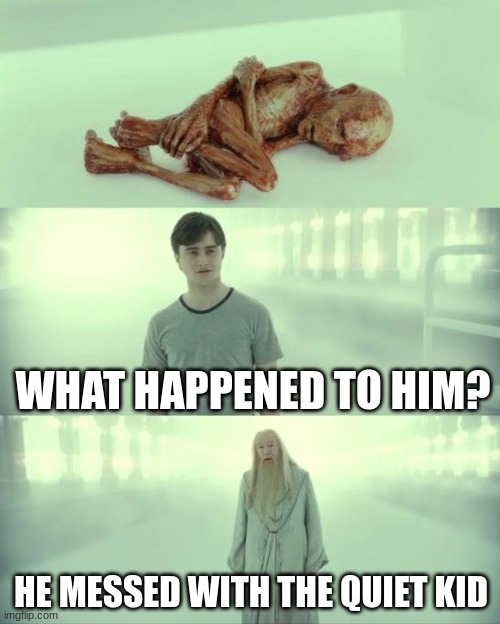 He F*CKED UP!! | WHAT HAPPENED TO HIM? HE MESSED WITH THE QUIET KID | image tagged in dead baby voldemort / what happened to him,quiet kid | made w/ Imgflip meme maker