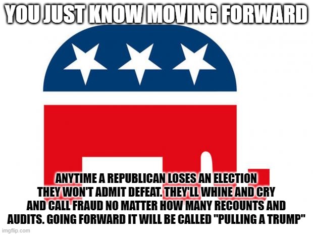 Republican | YOU JUST KNOW MOVING FORWARD; ANYTIME A REPUBLICAN LOSES AN ELECTION THEY WON'T ADMIT DEFEAT. THEY'LL WHINE AND CRY AND CALL FRAUD NO MATTER HOW MANY RECOUNTS AND AUDITS. GOING FORWARD IT WILL BE CALLED "PULLING A TRUMP" | image tagged in republican | made w/ Imgflip meme maker