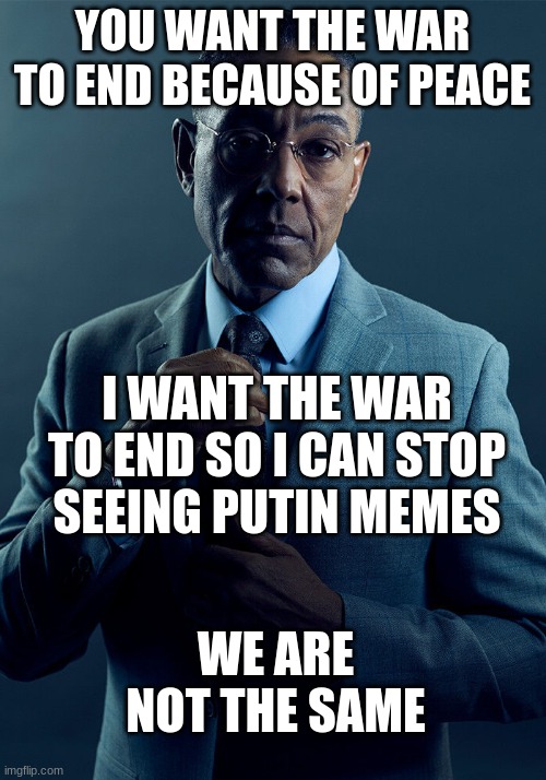 Clever title | YOU WANT THE WAR TO END BECAUSE OF PEACE; I WANT THE WAR TO END SO I CAN STOP SEEING PUTIN MEMES; WE ARE NOT THE SAME | image tagged in gus fring we are not the same | made w/ Imgflip meme maker