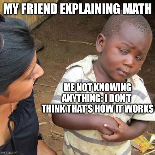 My friend explaining math | MY FRIEND EXPLAINING MATH; ME NOT KNOWING ANYTHING: I DON’T  THINK THAT’S HOW IT WORKS | image tagged in memes,third world skeptical kid | made w/ Imgflip meme maker