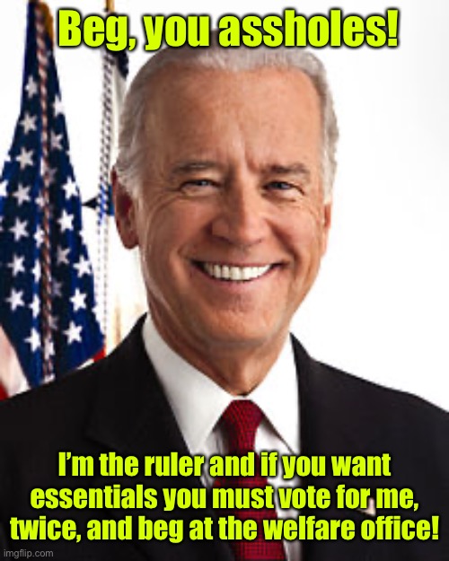 Joe Biden Meme | Beg, you assholes! I’m the ruler and if you want essentials you must vote for me, twice, and beg at the welfare office! | image tagged in memes,joe biden | made w/ Imgflip meme maker