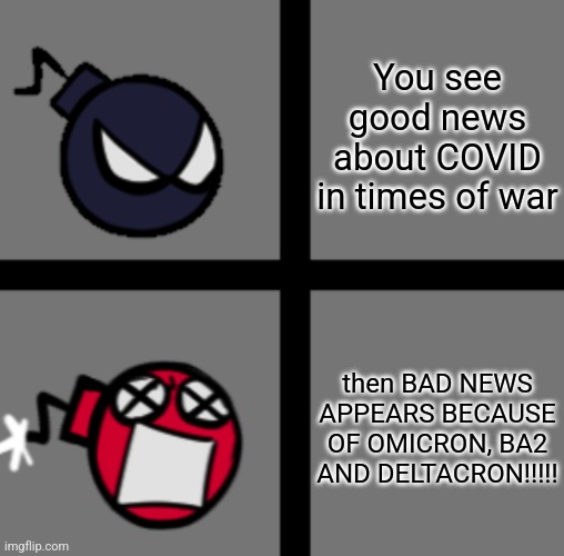 Stay safe. | You see good news about COVID in times of war; then BAD NEWS APPEARS BECAUSE OF OMICRON, BA2 AND DELTACRON!!!!! | image tagged in mad whitty,coronavirus,covid-19,omicron,oh god why,memes | made w/ Imgflip meme maker