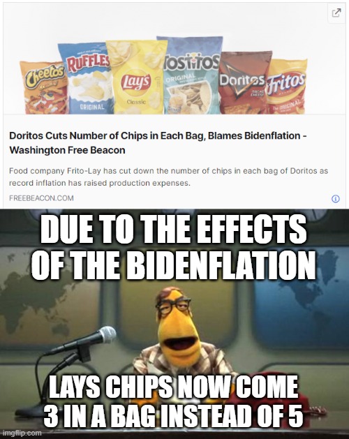 I get that the Bidenflation hit everyone, but Lays is the last company to talk about chip shortage. | DUE TO THE EFFECTS OF THE BIDENFLATION; LAYS CHIPS NOW COME 3 IN A BAG INSTEAD OF 5 | image tagged in muppet news flash | made w/ Imgflip meme maker