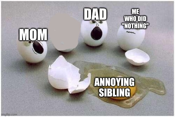 eggy von eggy | ME WHO DID "NOTHING"; DAD; MOM; ANNOYING SIBLING | image tagged in this broken egg | made w/ Imgflip meme maker
