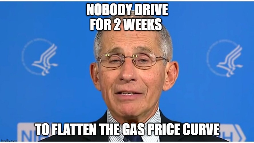 Dr Fauci | NOBODY DRIVE FOR 2 WEEKS; TO FLATTEN THE GAS PRICE CURVE | image tagged in dr fauci,gas | made w/ Imgflip meme maker