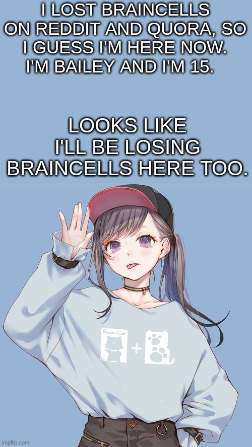 Baileys updates | I LOST BRAINCELLS ON REDDIT AND QUORA, SO I GUESS I'M HERE NOW. I'M BAILEY AND I'M 15. LOOKS LIKE I'LL BE LOSING BRAINCELLS HERE TOO. | image tagged in baileys updates | made w/ Imgflip meme maker