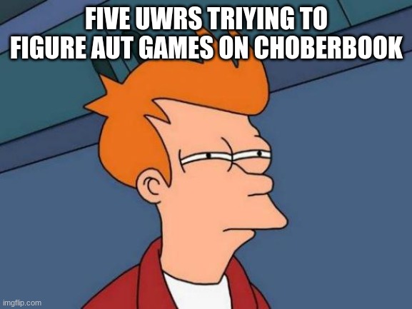 Futurama Fry Meme | FIVE UWRS TRIYING TO FIGURE AUT GAMES ON CHOBERBOOK | image tagged in memes,futurama fry | made w/ Imgflip meme maker