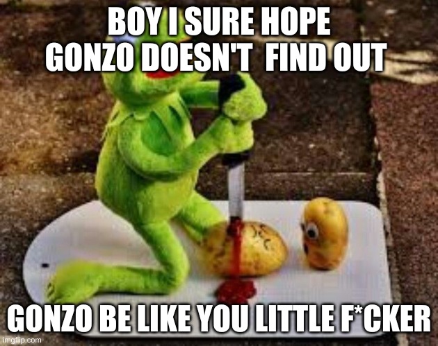 BOY I SURE HOPE GONZO DOESN'T  FIND OUT; GONZO BE LIKE YOU LITTLE F*CKER | image tagged in funny | made w/ Imgflip meme maker