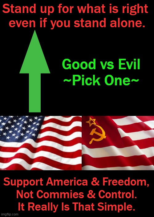 If You Believe In America, It Is Not a Difficult Choice. | Stand up for what is right 
even if you stand alone. Good vs Evil
~Pick One~; Support America & Freedom, 
Not Commies & Control. 
It Really Is That Simple. | image tagged in politics,conservatives,love of country,america,freedom and not control,communism | made w/ Imgflip meme maker