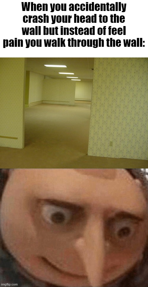 Welcome to your new home |  When you accidentally crash your head to the wall but instead of feel pain you walk through the wall: | image tagged in uh oh gru,the backrooms | made w/ Imgflip meme maker